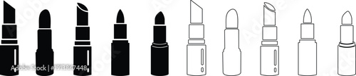 Lipstick vector icons set, cosmetic makeup silhouette and outline collection, beauty fashion symbol group isolated on transparent background for branding and salon design