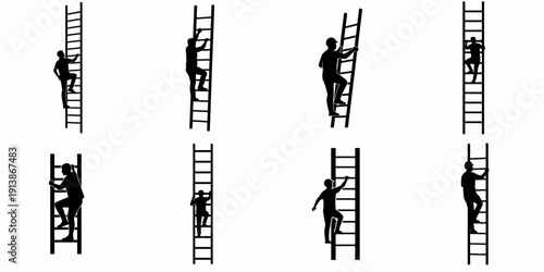 Eight vector silhouettes showing workers climbing ladders, symbolizing career progression, ambition, opportunity, challenge, and ascent.