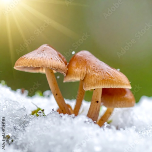 Close-up of mushrooms growing in snow, bathed in warm sunlight. Vibrant colors and textures are displayed with a natural background