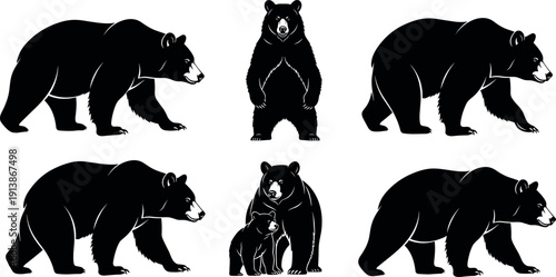 Bear silhouette vector illustrations, black and white wildlife art, animal profile design, nature graphics, minimal decorative artwork, cub interaction scene