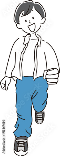 笑顔で走る男の子の全身のシンプルな手書き風イラスト素材