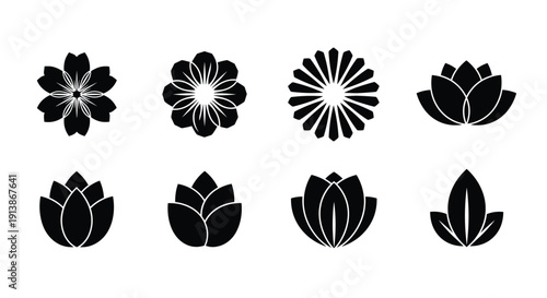 Set of minimalist solid black floral icons featuring daisy blossoms lotus flowers and leaf shapes for modern organic branding and clean botanical graphic design elements.