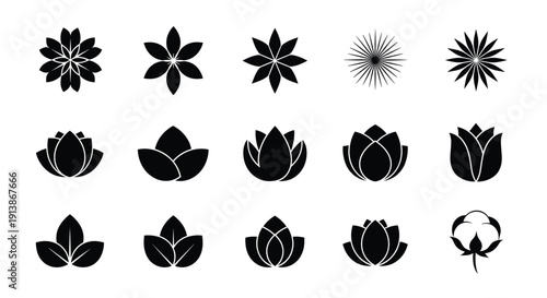 Premium black solid icon set of blooming flowers, lotus petals, leaf clusters, and botanical symbols for spa, wellness, and natural skincare brand identity and logo design.