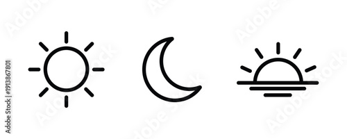 Line art sun moon sunset outline icon collection transparent background, flat weather day night evening symbol set vector illustration