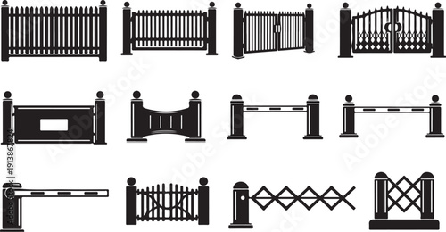 Various types of gates and fences in black silhouette