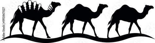 Camel silhouettes, desert terrain, walking caravan, wavy ground, decorative elements, nomadic culture, wildlife vector art, minimal design, black illustration artwork