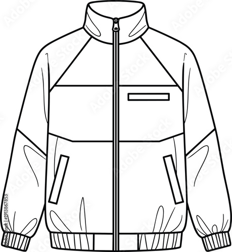 Modern Zip Up Sport Jacket with Stand Collar and Panel Design, Athletic Outerwear Technical Line Art Illustration