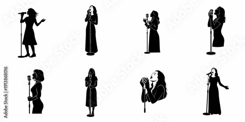 Collection of eight black silhouettes of elegant female singers performing, holding microphones in various dynamic stage poses.