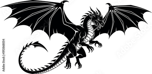 Dragon silhouette vector illustration, black and white fantasy creature art, mythical beast design, flying wings graphic, fierce motion profile artwork