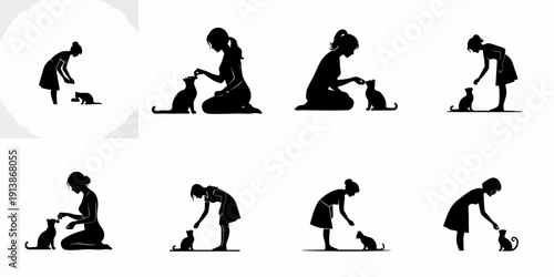 Vector silhouette set depicting women and girls interacting with cats, symbolizing pet ownership, feeding, and affection.