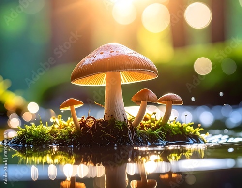Close-up of mushrooms growing on a mossy island in tranquil water, sunlit background with bokeh effect