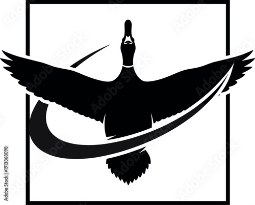Duck flying silhouette vector illustration, black and white bird art, wildlife waterfowl design, motion graphic emblem, minimal decorative artwork