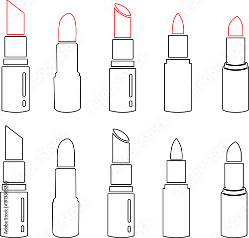 Lipstick vector icons set, cosmetic makeup silhouette and outline collection, beauty fashion symbol group isolated on transparent background for branding and salon design