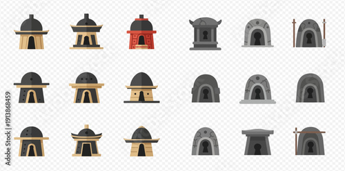 Set of various traditional Asian building and temple entrance icons in flat design style on transparent background.