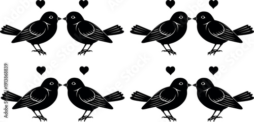 Black silhouette of cute kissing birds couple with hearts for wedding or valentine day romantic design element vector illustration set.