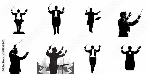 Collection of eight black and white silhouettes depicting an orchestra conductor in various dramatic poses with a baton, symbolizing classical music performance and leadership.