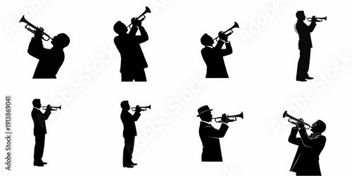 Eight black silhouettes of male musicians playing the trumpet in various poses, ideal for jazz, classical, and musical performance illustrations.