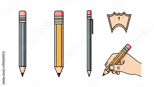 A hand holding a pencil, surrounded by various pencils and a pencil shavings, on a clean background, viewed from directly above