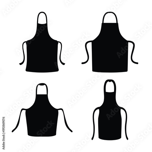 Collection of various black apron silhouettes for cooking, baking, and household tasks