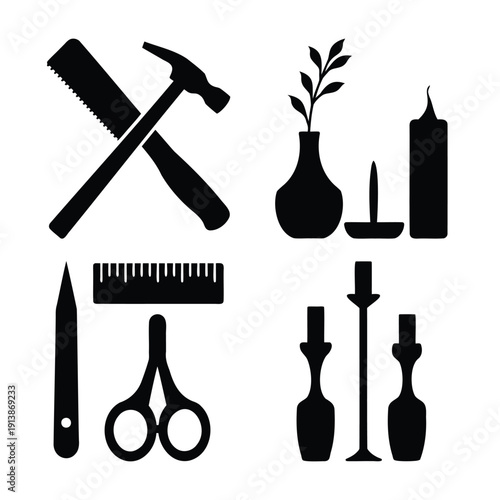A collection of diverse household tools and decorative items for home and craft projects