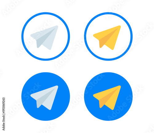 Paper plane and send message icons, blue and yellow flying symbols for communication mail delivery and startup launch vector illustration