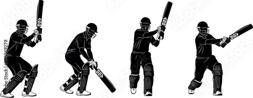 Cricket batsman silhouette vector illustration set of players hitting ball with bat wearing helmet and pads for sports championship design.