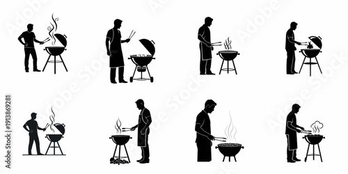 Collection of Eight BBQ Grill Master Silhouettes: Vector Icons of Men Cooking Meat on Charcoal Grills for Outdoor Summer Parties and Picnics.