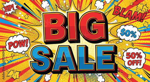 Vibrant comic book style big sale banner with explosion background and bold typography