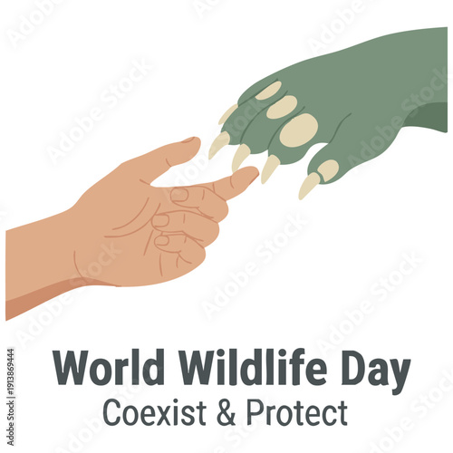 Human Hand and Animal Paw Touching – Flat Vector Illustration for World Wildlife Day
