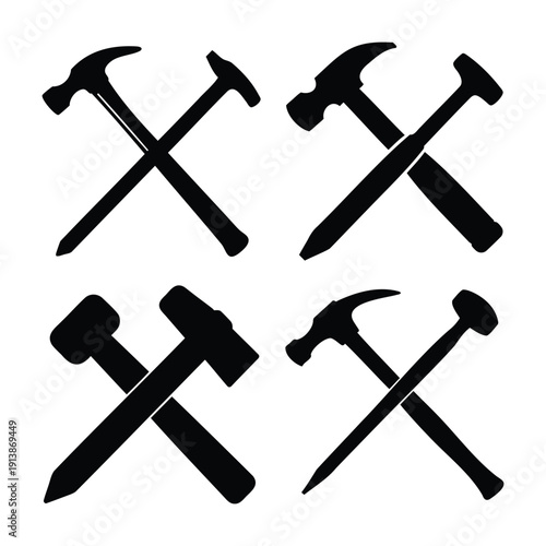 Diverse hammer silhouettes crossed in various patterns, symbolizing tools and construction work