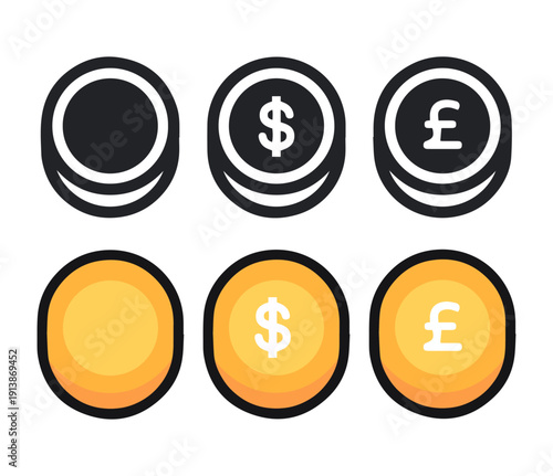Currency coins icons set with dollar and pound symbols for banking finance investment savings and monetary success vector illustration