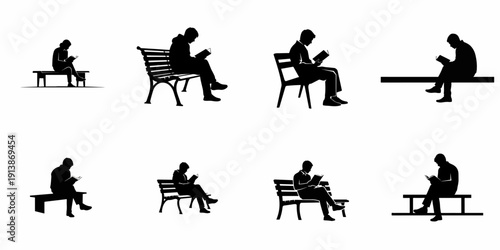 Set of Vector Silhouettes: People Reading Books Outdoors While Sitting on Benches and Ledges, Isolated Black Icons on White Background.