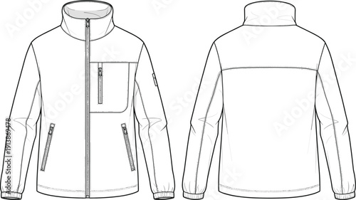 Front and Back View of Zip Up Stand Collar Jacket with Chest Pocket, Modern Apparel Technical Line Art Illustration