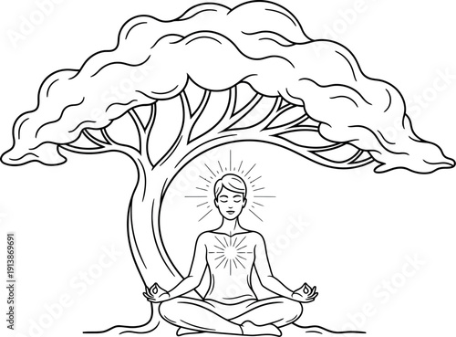 Woman meditating under a tree in lotus position