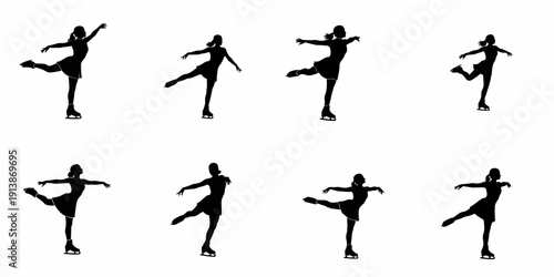 Set of 8 black silhouettes of a female figure skater performing various elegant poses and arabesques on ice.