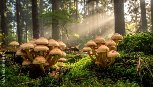 Close-up of mushrooms nestled in moss, with dappled sunlight streaming through a lush forest, creating a magical atmosphere