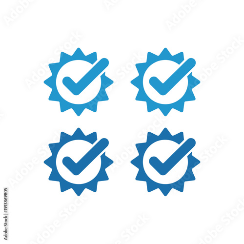 Four bright blue starburst badge icons display verification.