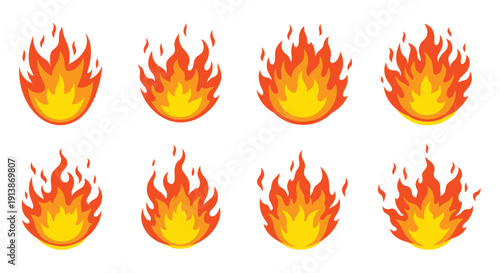 Fire Flame Vector Icon Set With Burning Heat Symbols And Cartoon Style Blaze Illustrations For Warning Energy And Design Use
