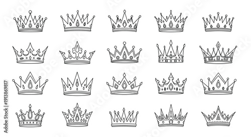 Royal Crown Vector Icon Set With Elegant Hand Drawn Monarch And Kingdom Symbols In Vintage Outline Style