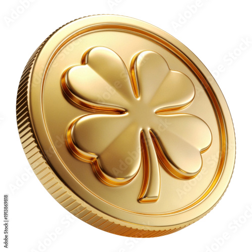 3D gold coin with shamrock embossed icon for st patricks day lucky money fortune wealth symbol isolated white background element