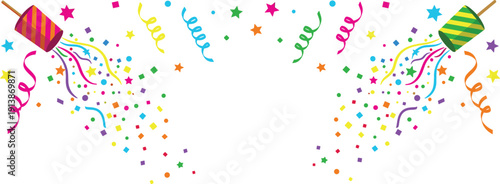 Colorful Party Popper Confetti Burst Background with Streamers, Stars, and Festive Celebration Elements in Bright Vector for Birthday and Event Designs
