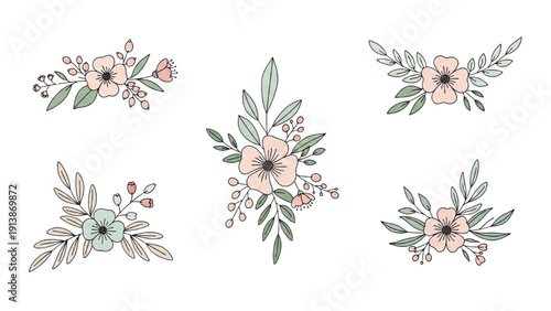 Five floral arrangements with leaves and flowers in various pastel shades displayed together
