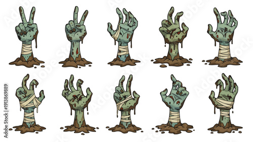 Cartoon Zombie Hands Rising from Ground Set, Creepy Undead Hand Gestures, Halloween Horror Illustration Pack
