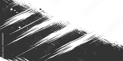 Black and white abstract grunge paint brush stroke background with halftone texture and dynamic artistic design
