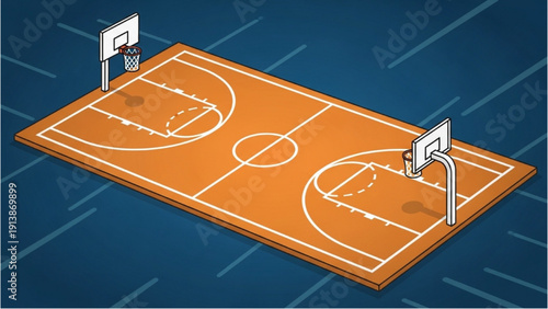 Basketball court illustration viewed from above with markings and hoops on a wooden floor