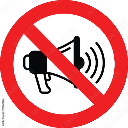 Muted loudspeaker prohibition sign, no sound symbol with megaphone, silence warning icon, volume restriction notice, isolated white background illustration design