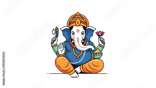 Illustration of Ganesha in lotus position with symbolic objects, showcasing vibrant colors and traditional attire, from a front viewpoint