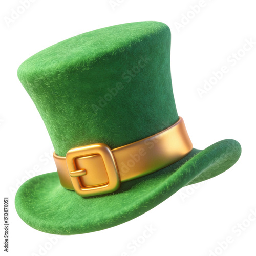 3D leprechaun top hat green with gold buckle icon for st patricks day irish tradition symbol isolated white background element