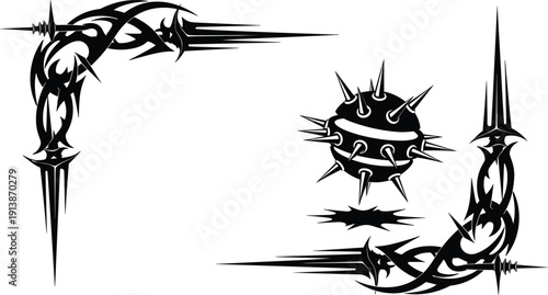 Tribal Thorn Frame Corner Design with Spiked Mace Ball and Sharp Barbed Elements in Black Silhouette for Tattoo, Emblem, and Edgy Graphic Projects