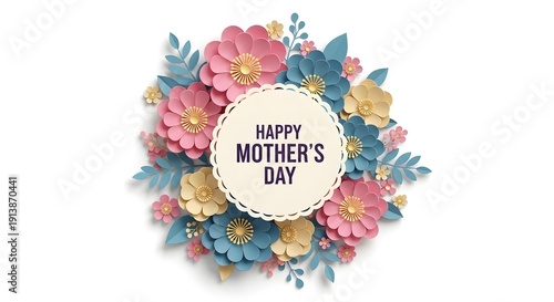 Isolated happy mothers day floral wreath on white background